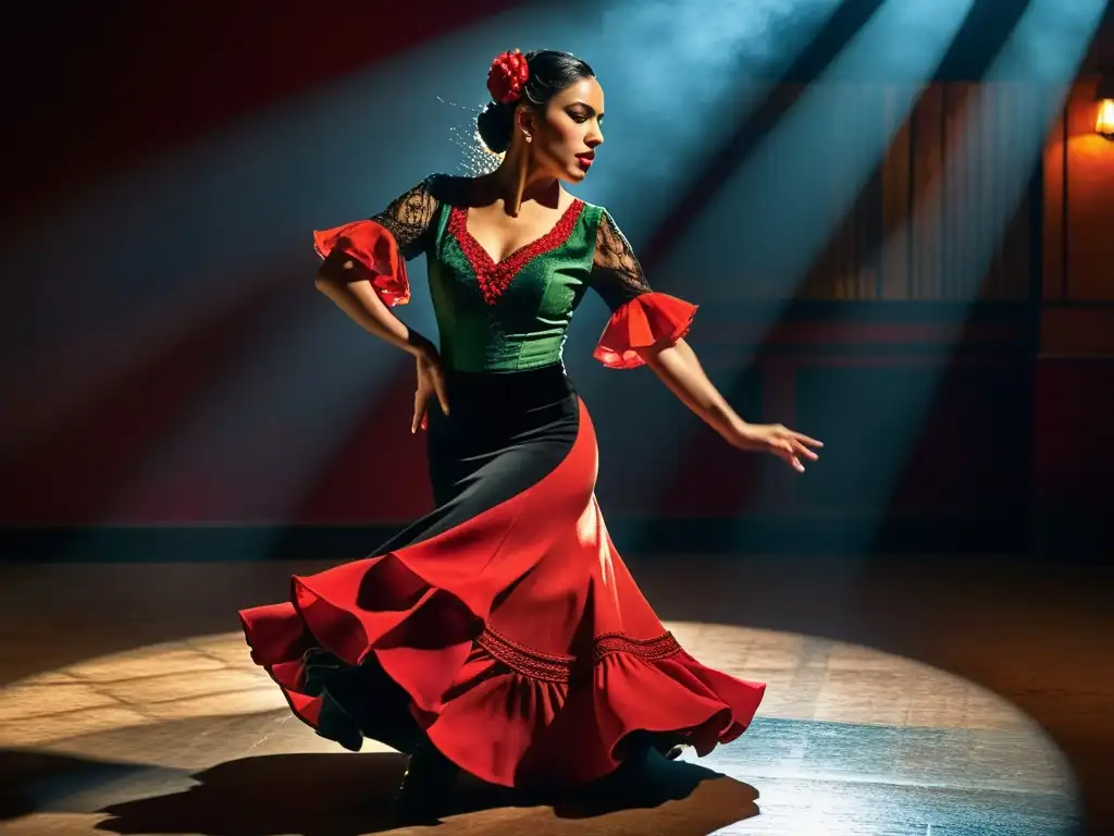 Apasionada bailarina de flamenco con expresión intensa, traje colorido y castañuelas, en un escenario atmosférico