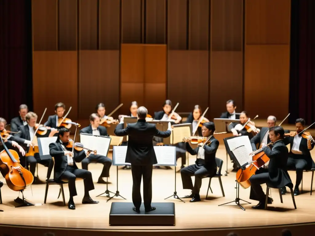 Apasionada competencia de dirección de orquesta en un majestuoso salón de conciertos