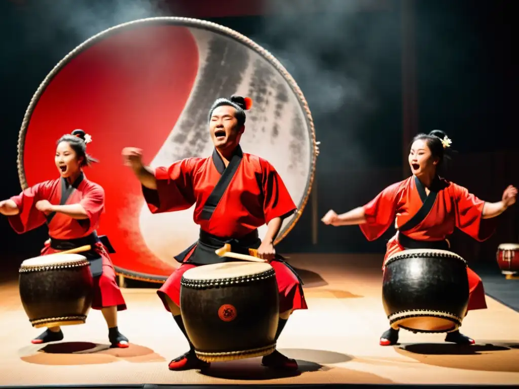 Apasionada actuación de taiko japoneses, con trajes tradicionales en rojo y negro