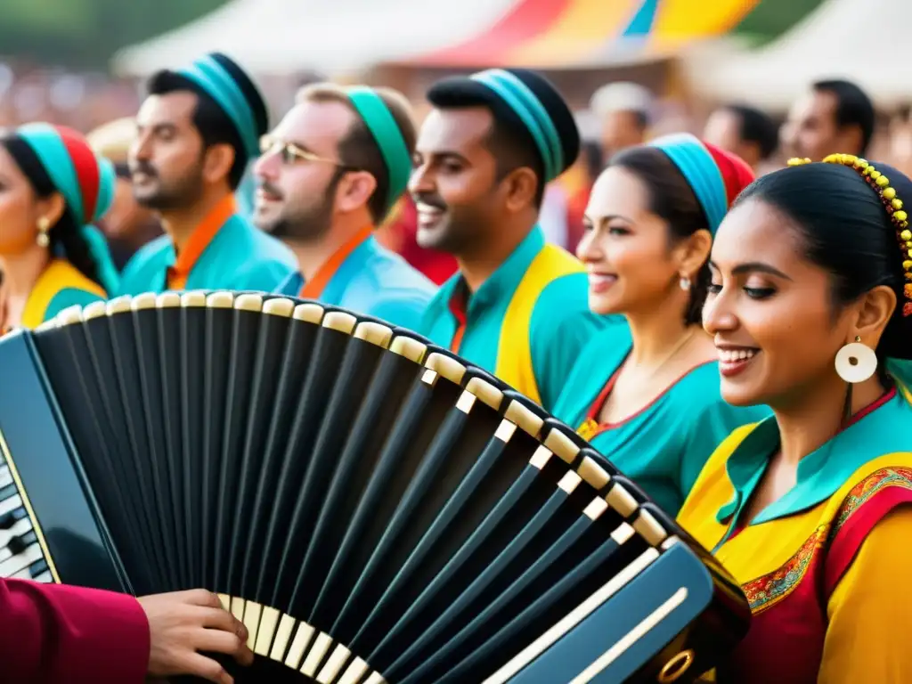 Apasionada actuación de músicos diversos tocando acordeones en un festival cultural, uniendo a través de la música las culturas del mundo