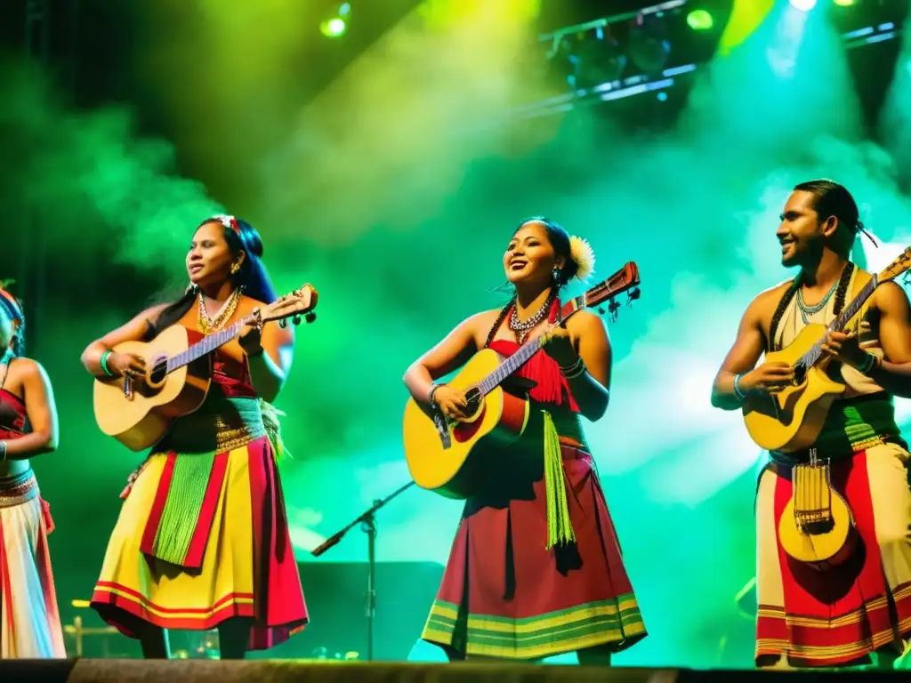 Apasionada actuación de músicos indígenas en el Festival Rainforest World Music Malasia, con colores vibrantes y energía cultural