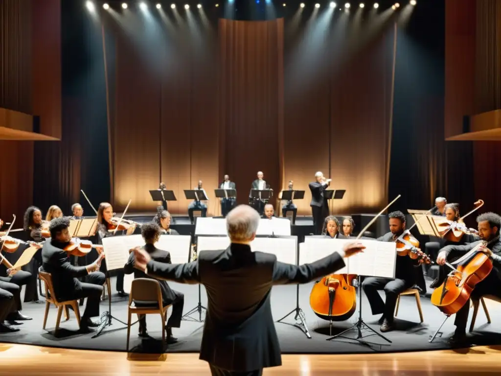 Un apasionado director de orquesta lidera con dedicación a músicos en un escenario sostenible, iluminados por cálida luz natural