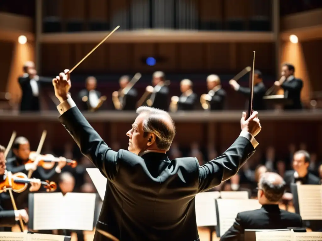 El apasionado director de orquesta lidera a los músicos en una actuación intensa