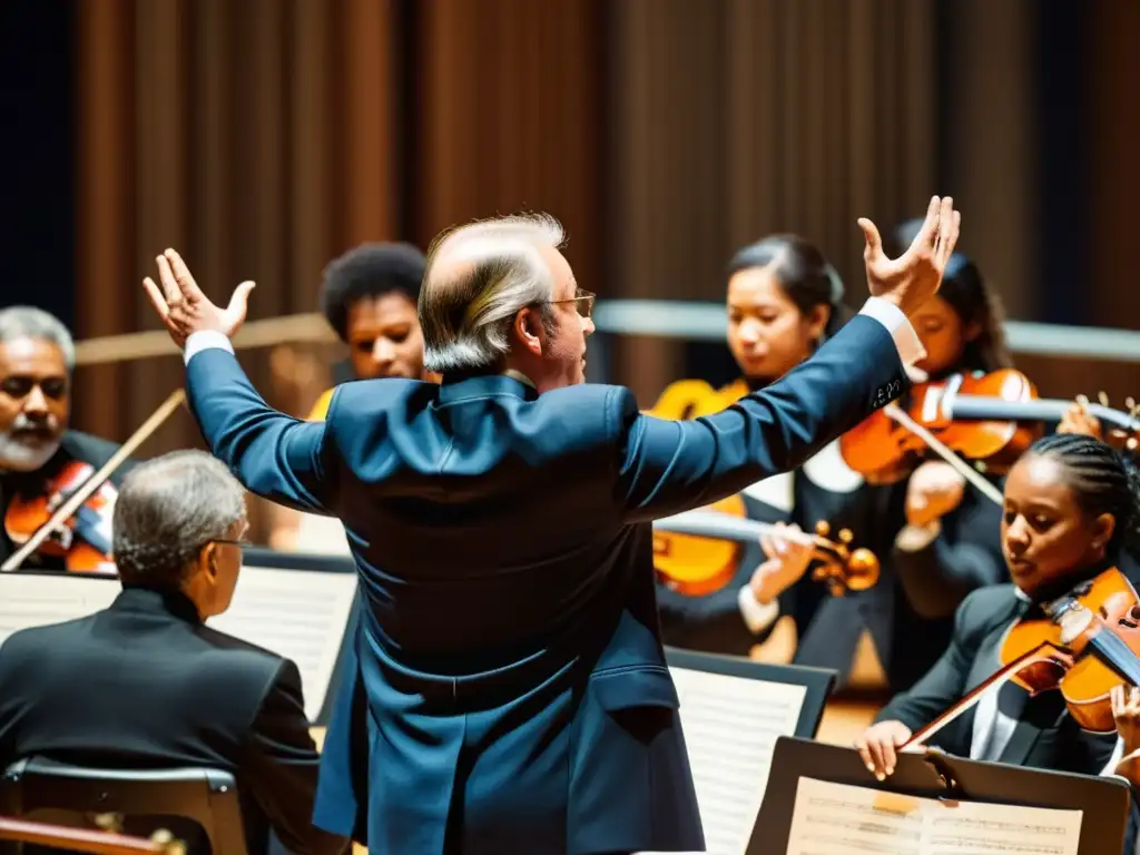 Un apasionado director de orquesta lidera a músicos de todo el mundo en una actuación sinfónica, mostrando el efecto globalización en orquestas tradicionales