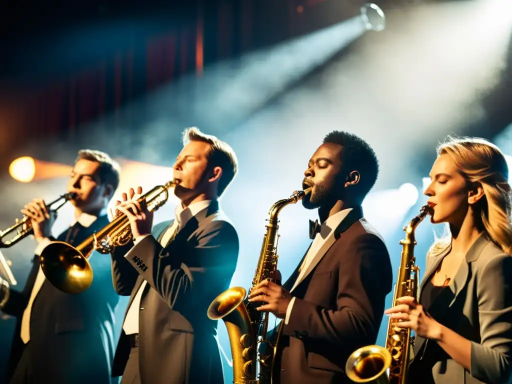 Un apasionado grupo de músicos expertos toca instrumentos de viento en el escenario, desplegando intensidad y destreza en su actuación teatral