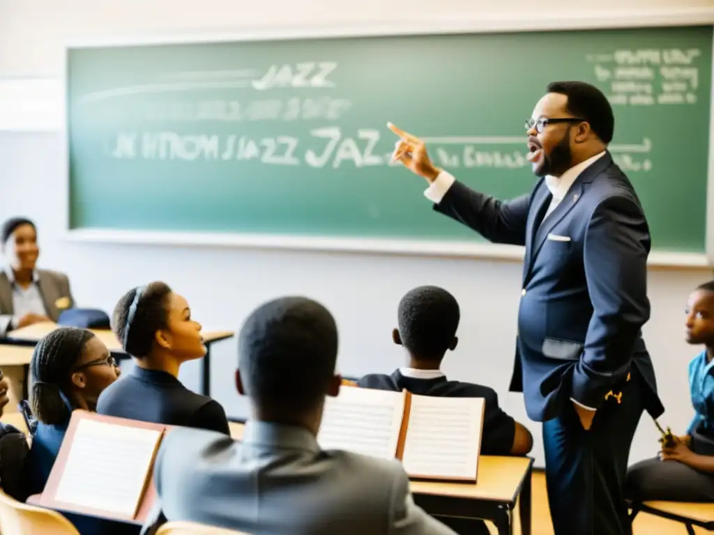 Un apasionado instructor de jazz imparte clase a estudiantes entusiastas, creando un ambiente dinámico de enseñanza del jazz en educación