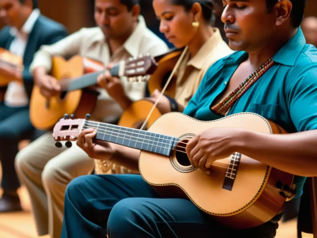 Un apasionado intérprete de charango compite en un vibrante festival de música andina, cautivando al público con su destreza y emoción