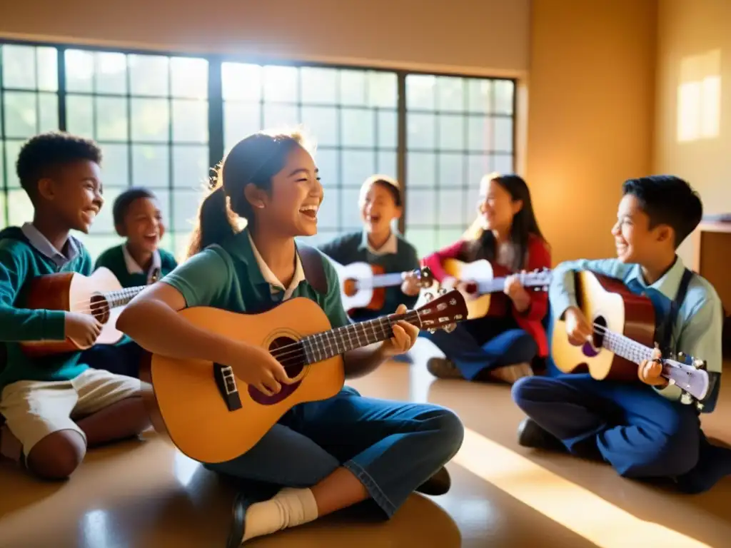 Un apasionado maestro guía a un grupo de jóvenes estudiantes que tocan el ukelele