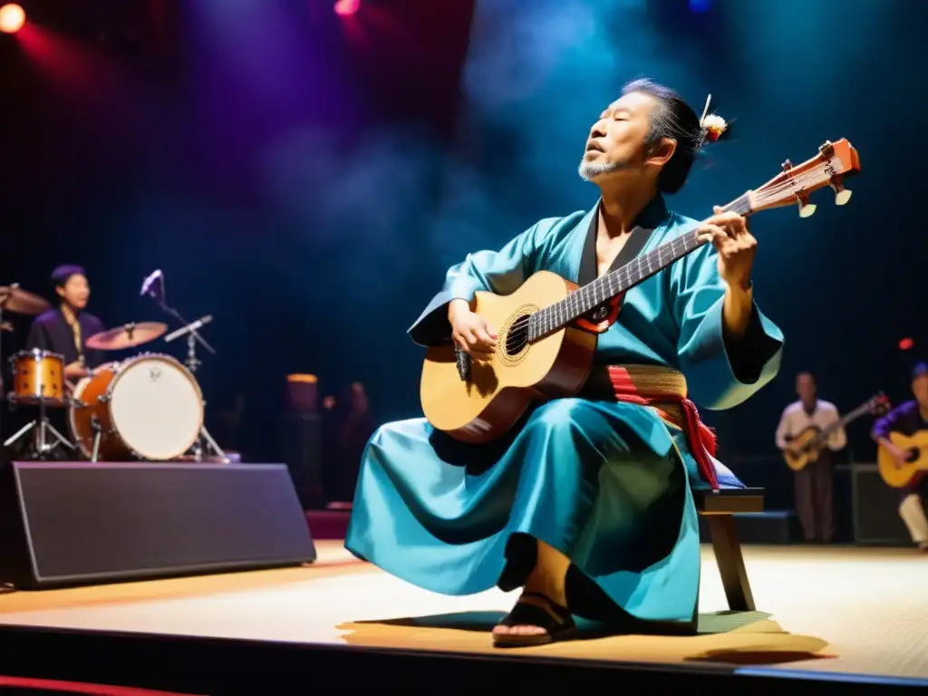 Un apasionado músico de shamisen fusiona su arte con el rock en un escenario vibrante