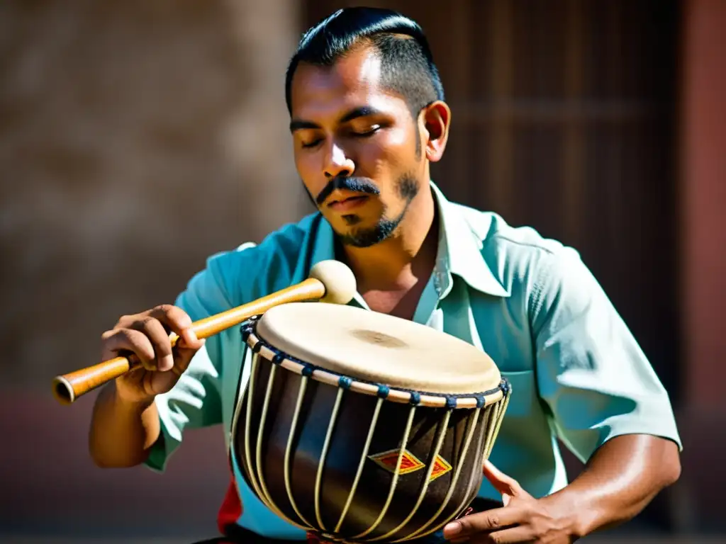 Un apasionado percusionista latinoamericano tocando La Quijada de Burro, mostrando intensidad y tradición cultural