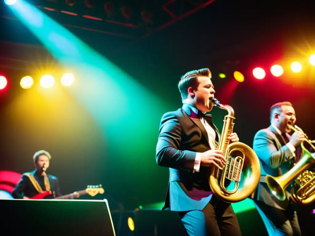 Un apasionado tubista se destaca en el vibrante escenario de una banda de ska, mostrando la influencia del sonido de la tuba en la música pop y ska