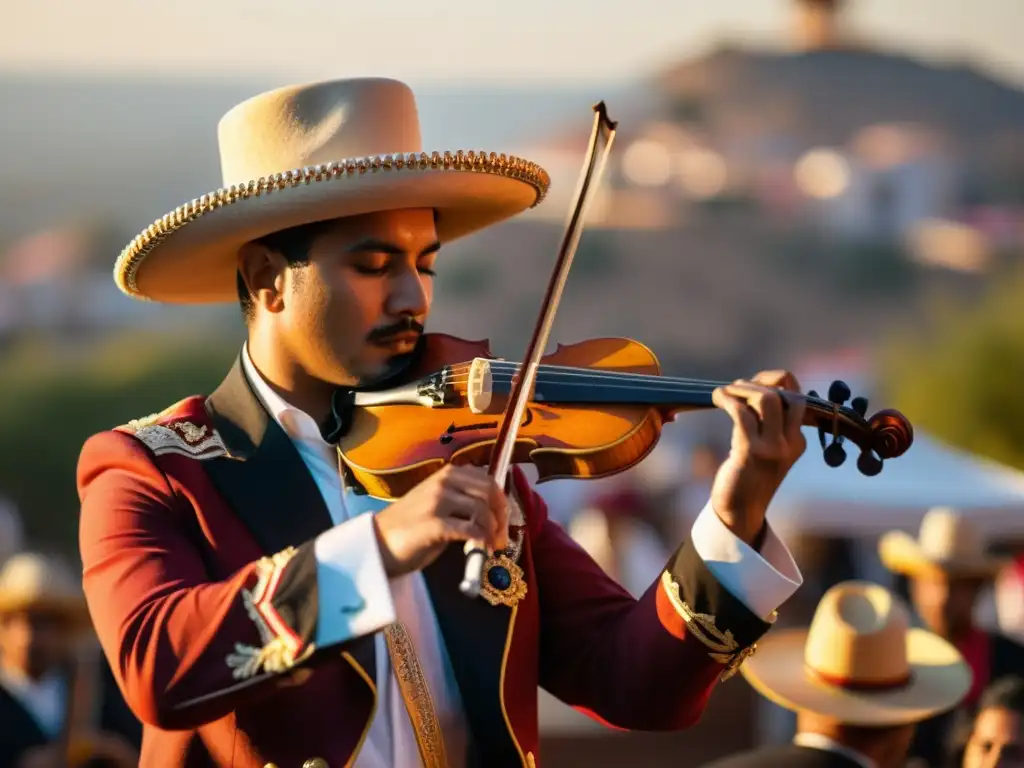 Un apasionado violinista de mariachi toca al atardecer, exudando orgullo cultural y artística importancia del violín en el mariachi