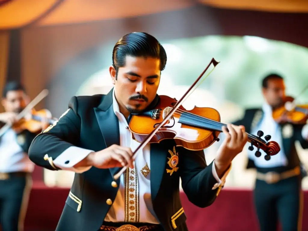 Un apasionado violinista de mariachi interpretando con destreza en el escenario, rodeado de otros miembros de la banda