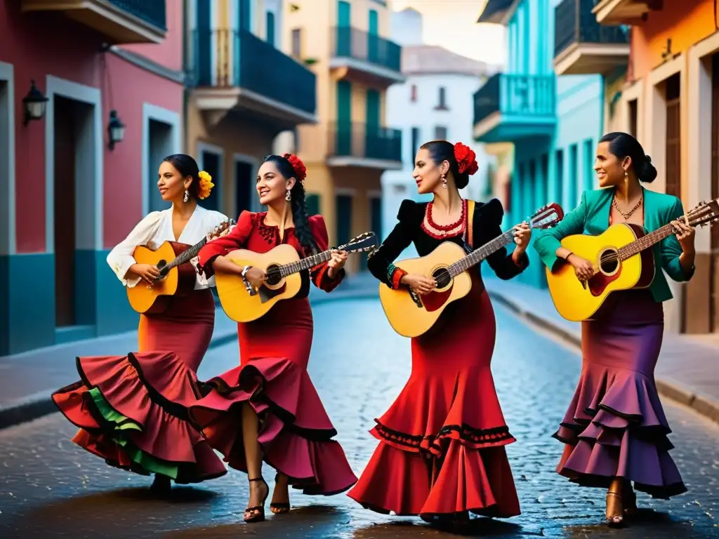 Apasionados músicos de flamenco en una vibrante ciudad latinoamericana, impacto música gitana América Latina