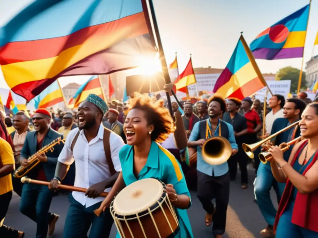 Apasionados músicos tocan instrumentos tradicionales en una protesta, transmitiendo esperanza y determinación