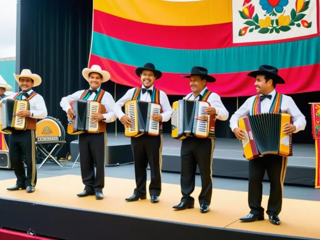 Apasionados músicos interpretan norteño frente a entusiasmada audiencia, reflejando la influencia migración mexicana en música