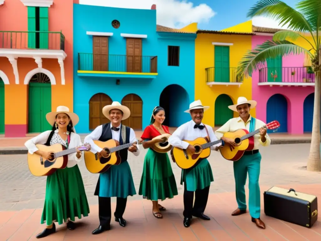 Apasionados músicos interpretan Vallenato en una plaza colombiana, rodeados de coloridos edificios y palmeras