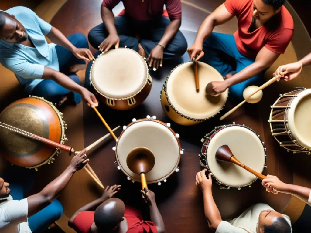 Un apasionante círculo de músicos tocando una variedad de percusiones culturales en una improvisación llena de energía