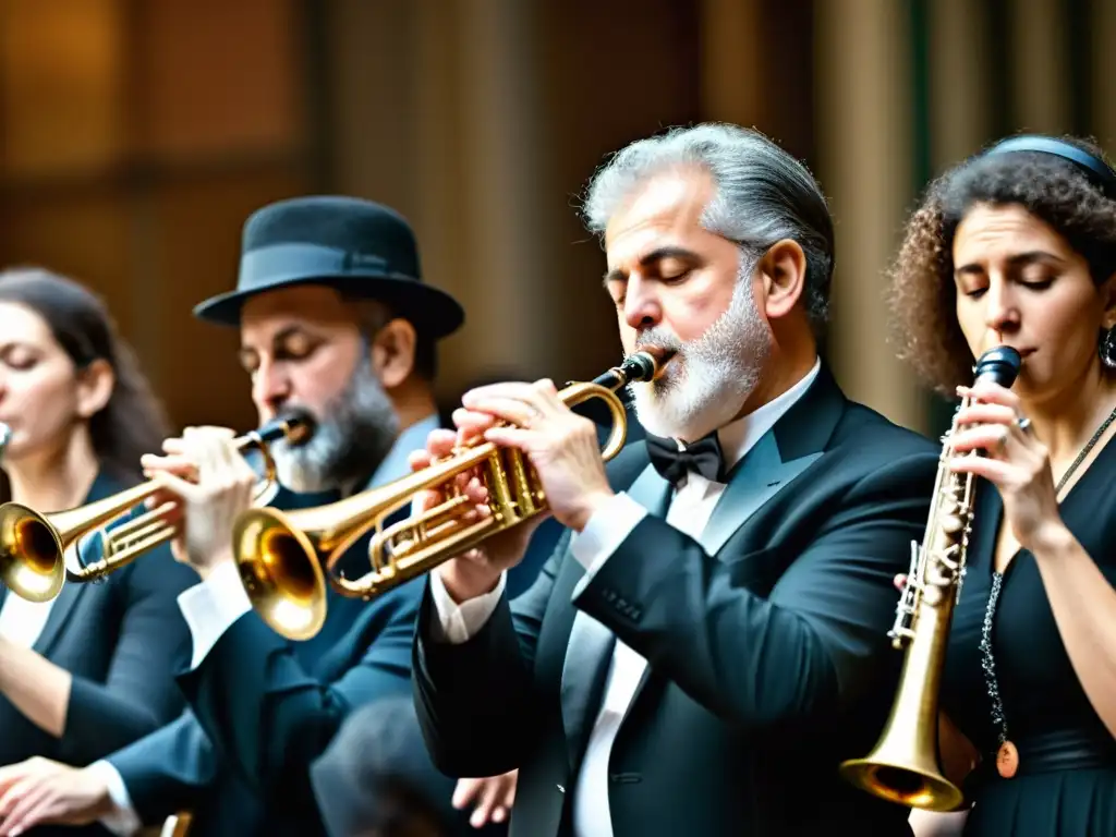 Un apasionante concierto de música klezmer con músicos tocando instrumentos de viento como clarinete, flauta y trompeta con intensidad y emoción