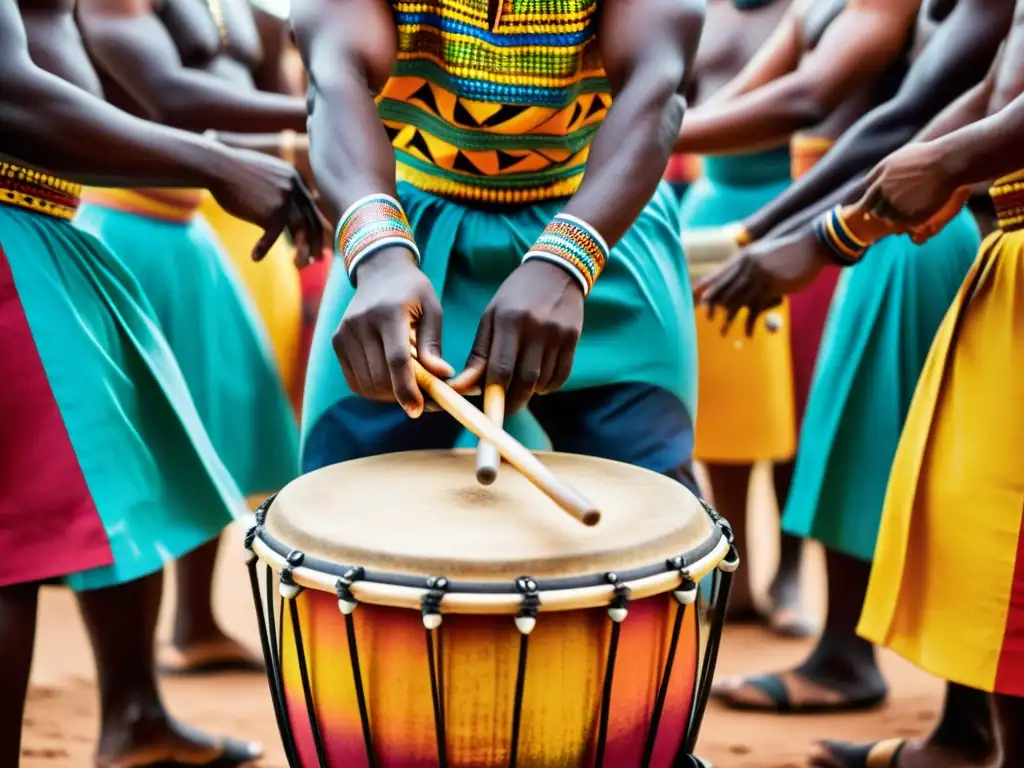 Apasionante espectáculo de ritmos ghaneses con tambor de doble cara, músicos y bailarines en vibrante atuendo tradicional