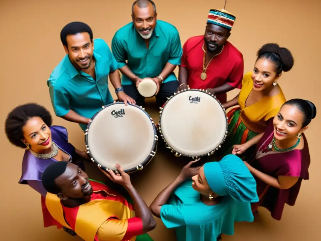 Una apasionante improvisación en percusión cultural, con músicos de diferentes orígenes étnicos, vestidos con trajes tradicionales vibrantes, tocando sus instrumentos con intensa concentración en un espacio cálido y acogedor