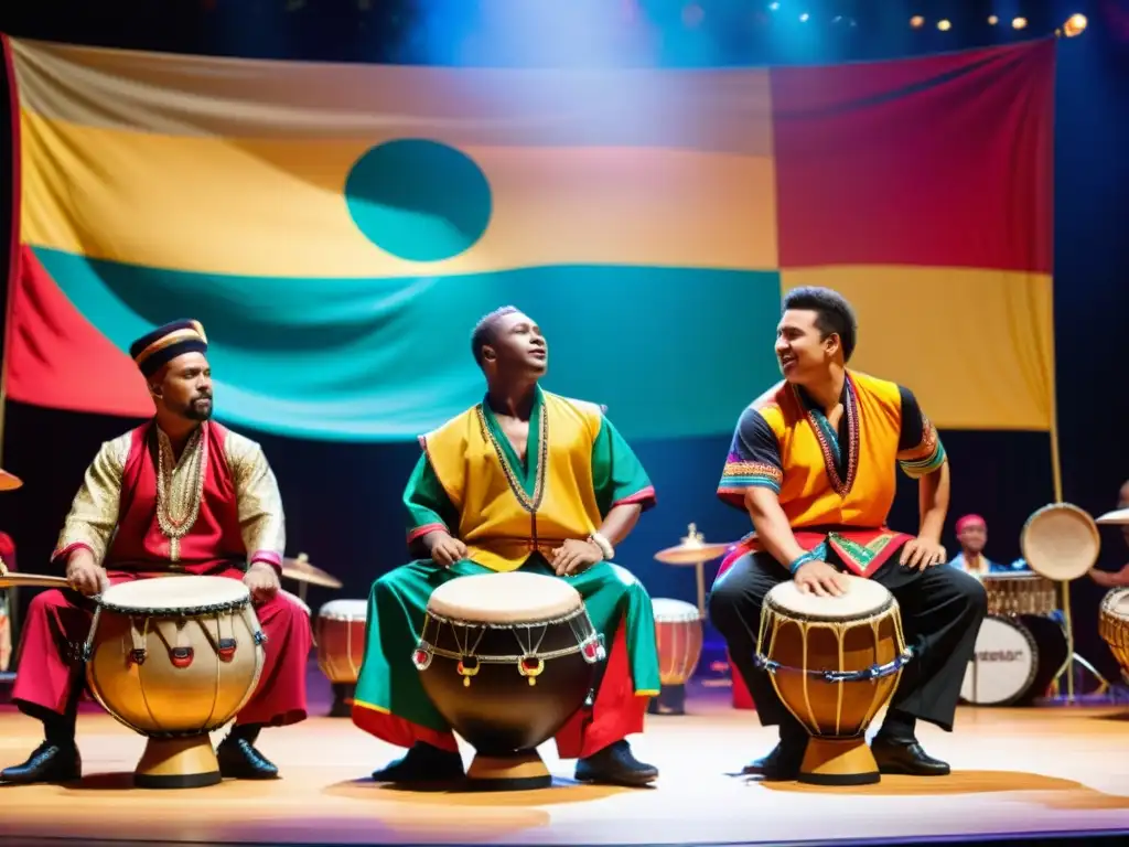 Apasionante actuación de percusiones narran historias culturales con músicos tradicionales vibrantes y dinámicos en un escenario colorido