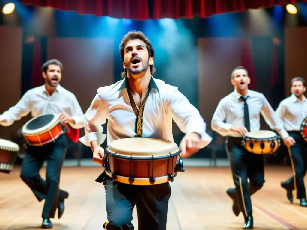 Apasionante tamborileo en la zarzuela: músicos en acción con instrumentos de percusión, colores vibrantes y tradición teatral