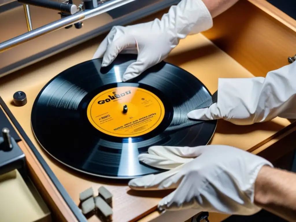 Un archivista profesional cuidadosamente preserva un vinilo vintage bajo una iluminación brillante