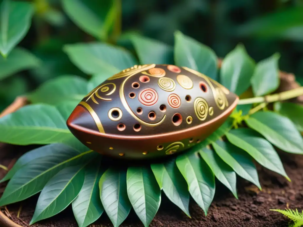 Un ocarina precolombina de arcilla oscura con símbolos grabados reposa sobre hojas verdes, iluminado por el sol en la selva