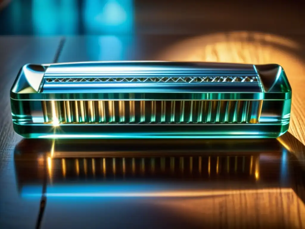 Una armónica de cristal descansa sobre una mesa de madera, capturando sus detalles intrincados y reflejos, creando patrones y reflejos