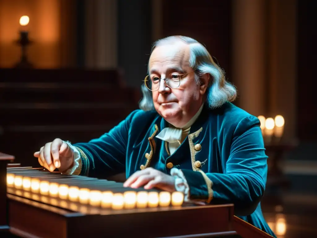 Benjamin Franklin toca el Glass Armonica en un histórico salón iluminado por velas