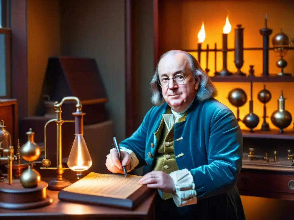 Benjamin Franklin experimenta con el Glass Armonica en su taller lleno de inventos, libros y luz de velas