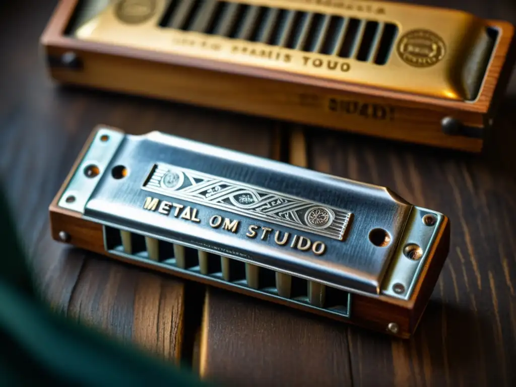 Armonía vintage: Detalles íntimos de una reliquia musical Una armónica vintage en detalle, iluminada cálidamente, evocando historia y artesanía