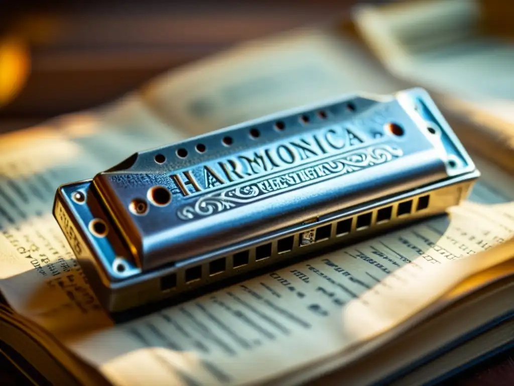 Armonica vintage: detalle envejecido y nostálgico Una armónica vintage con detalles intrincados y una rica pátina, evocando nostalgia y tradición musical