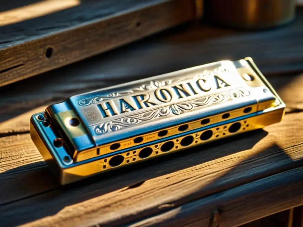 Armonica vintage: Detalles en alta resolución Una armónica vintage con grabados detallados y signos de desgaste reposa sobre una mesa de madera envejecida