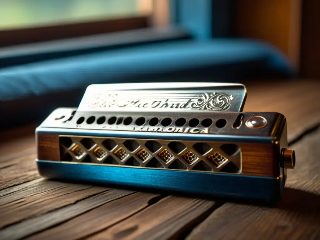 Una armónica vintage descansa en una mesa de músico blues, iluminada por una suave luz, con años de historia grabados en su superficie