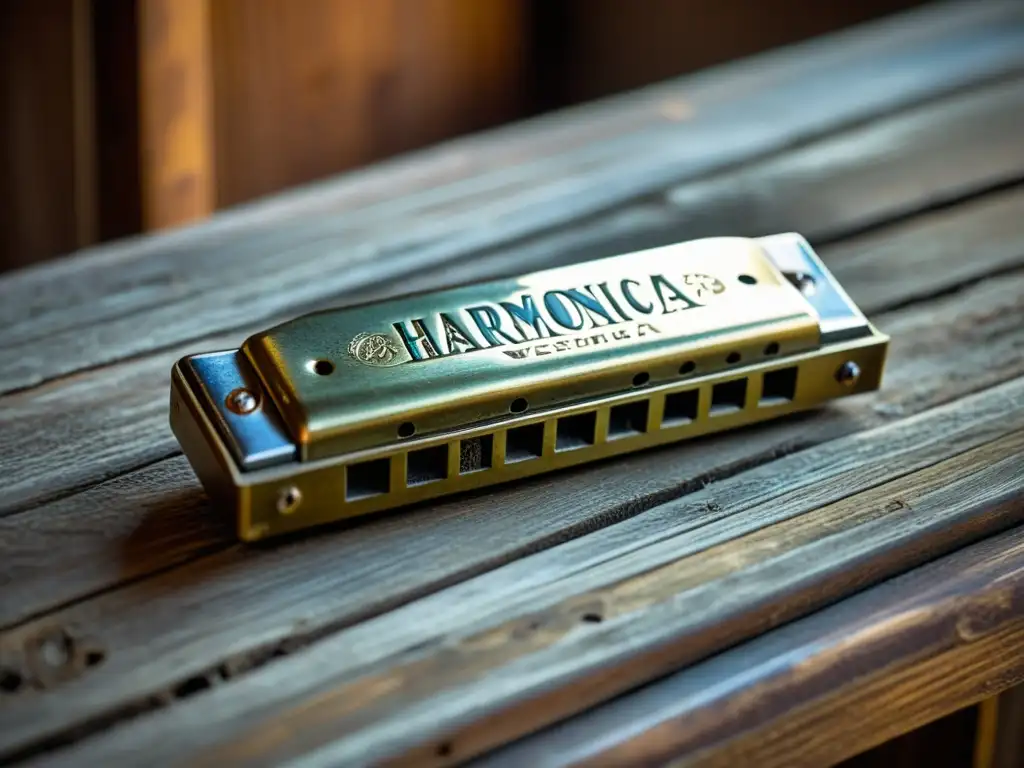 Una armónica vintage descansa sobre una mesa rústica de madera