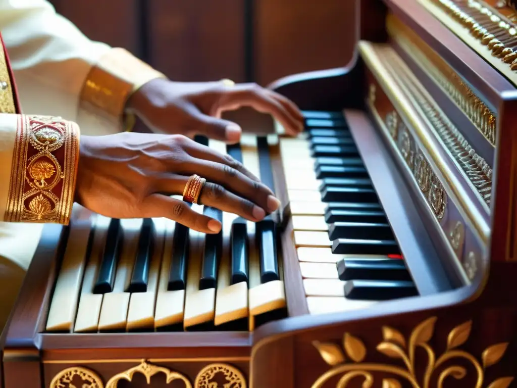 Un armonio tradicional indio tocado en un entorno devocional, resaltando la historia y sonido del harmonium indio