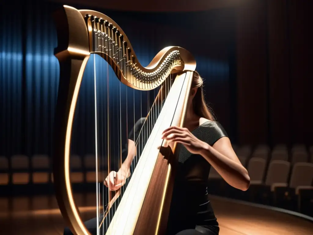 Una arpa eléctrica moderna en un escenario iluminado, con un músico tocando las cuerdas con gracia