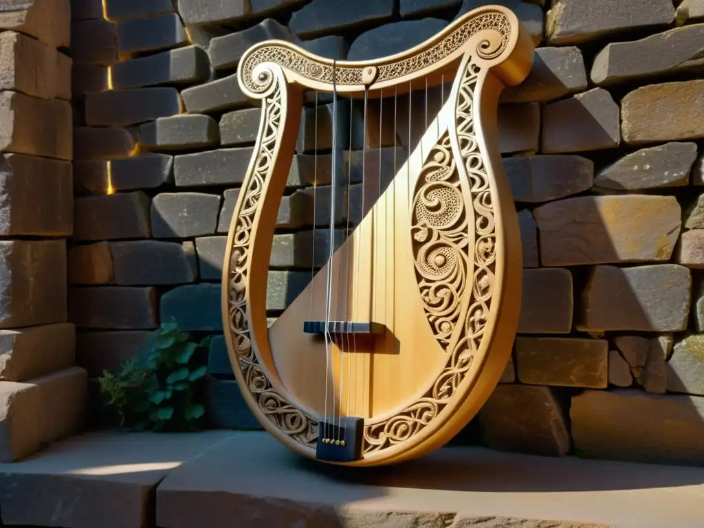 Un arpa de madera tallada descansa frente a ruinas antiguas bañadas por la cálida luz del sol, capturando la autenticidad en la música antigua