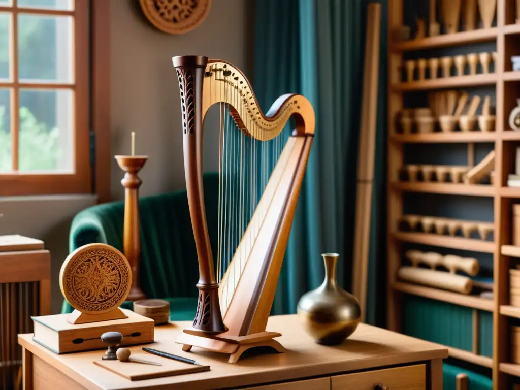 Arpa de madera tallada: arte en la penumbra Arpa de madera tallada en taller artesanal, rodeada de herramientas y cuerdas