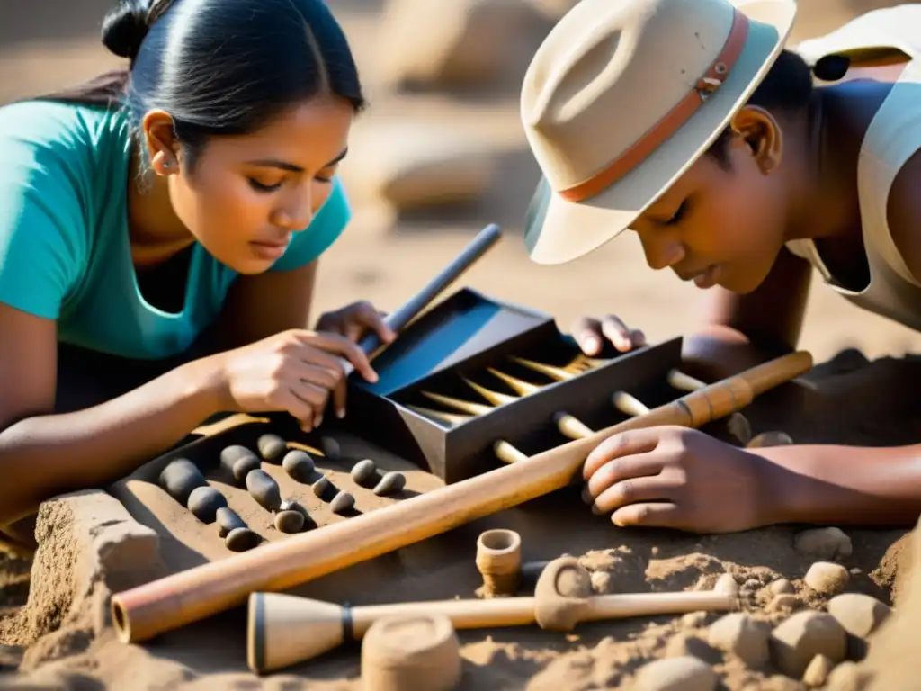 Arqueólogos estudiando instrumentos musicales antiguos en excavación