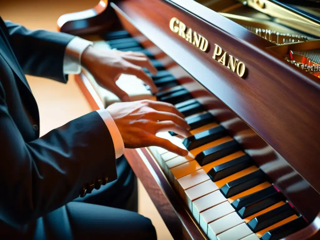 Arte y emoción: manos de pianista improvisando en un gran piano, con detalles de madera y mecanismos