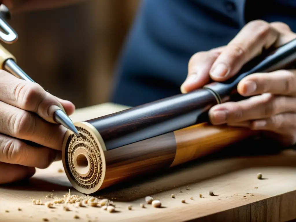 Arte de hacer oboes y clarinetes: Maestro artesano tallando con precisión la madera de granadilla para crear un clarinete exquisito