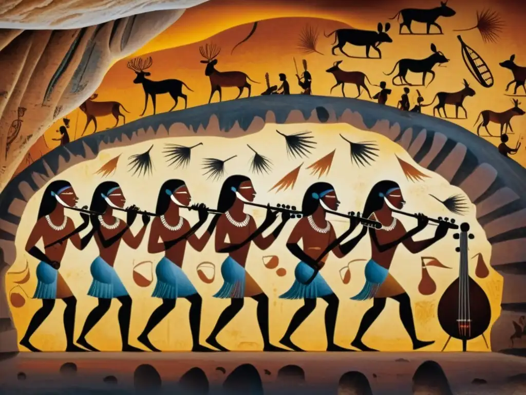 Arte rupestre: Música prehistórica en cueva Arte rupestre detallado de músicos prehistóricos tocando instrumentos musicales, capturando la esencia de la antigua cultura musical
