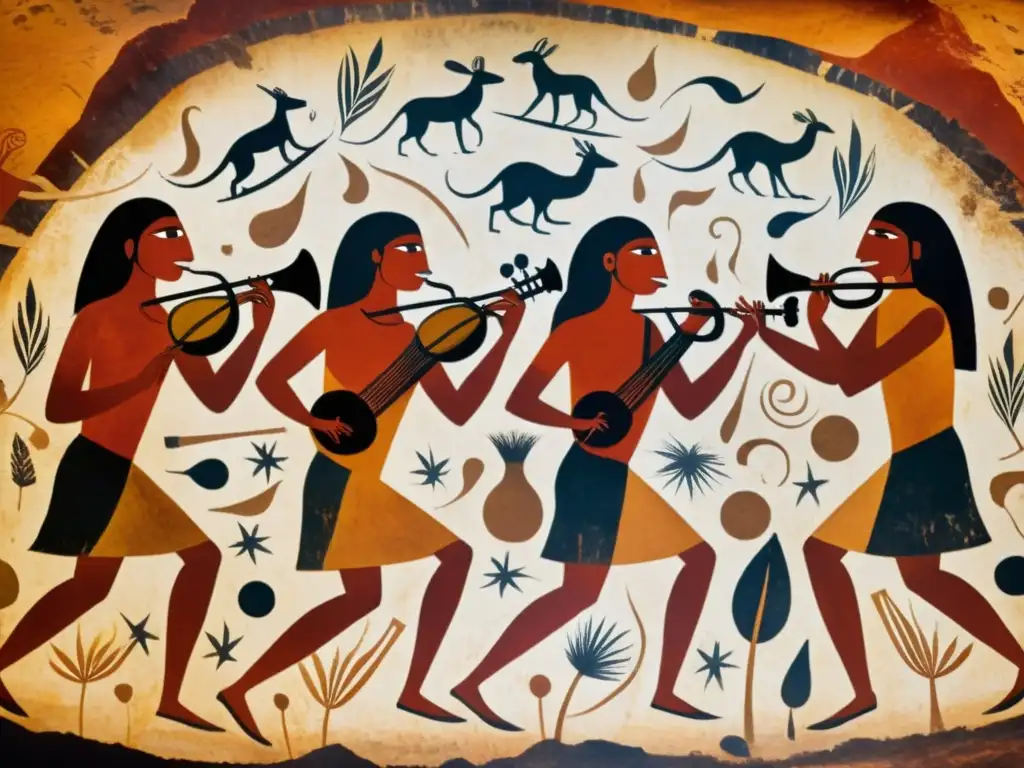 Pintura rupestre de humanos prehistóricos tocando instrumentos musicales Fotografía de alta resolución de arte rupestre prehistórico: instrumentos musicales simbolizando la cultura antigua con detalles vividos