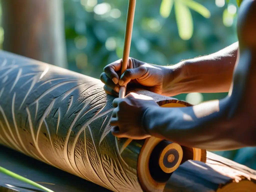 Un artesano aborigen talla un didgeridoo en un tronco de eucalipto