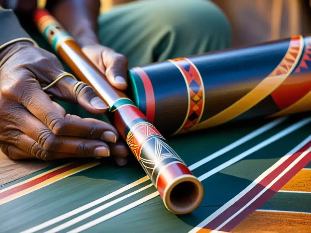 Artesano aborigen talla y pinta con esmero un didgeridoo, mostrando su herencia cultural y artesanía