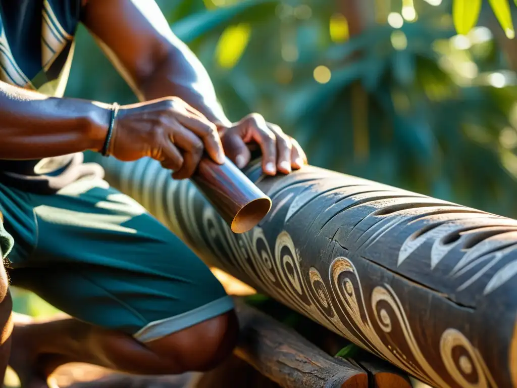 Un artesano aborigen talla intrincados diseños en un tronco de eucalipto para crear un didgeridoo, conectando con la historia del didgeridoo aborigen