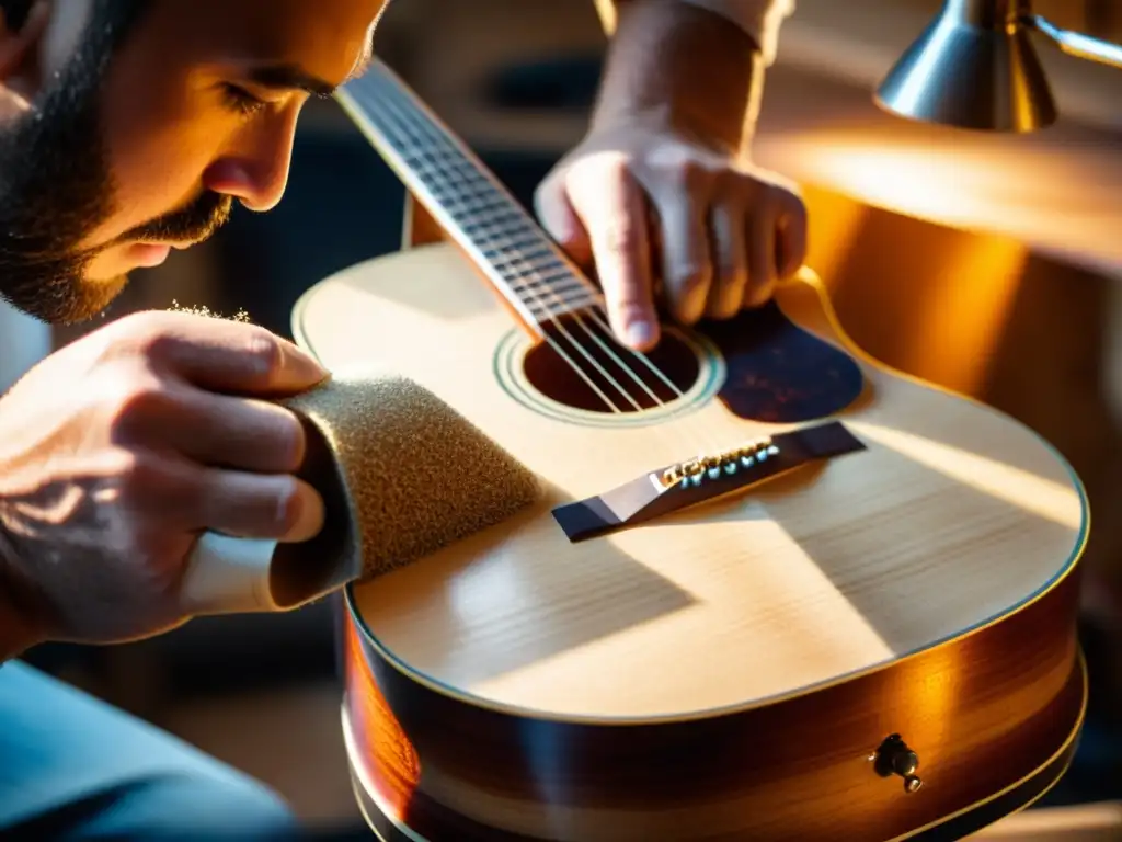 Artesano restaurando guitarra acústica vintage con detalle, en taller iluminado cálidamente